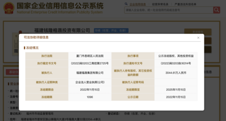福建福晟集團所持錢隆榕晟投資3044.61萬元股權(quán)遭凍結(jié)